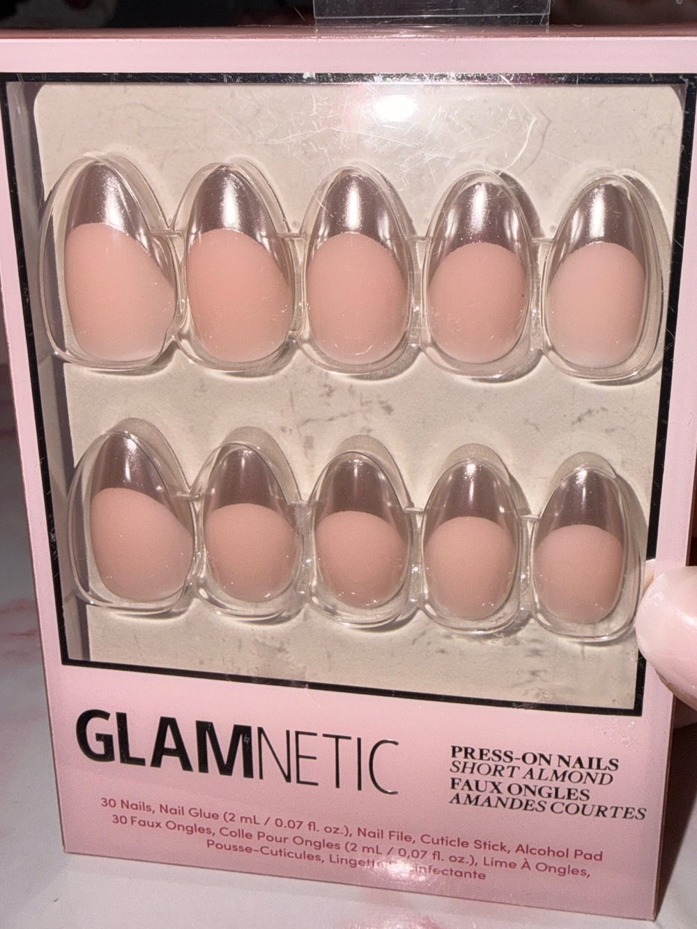 Glamnetic “Mirror Mirror” Nude Pink Base with Chrome Tip Press-On Almond Nails